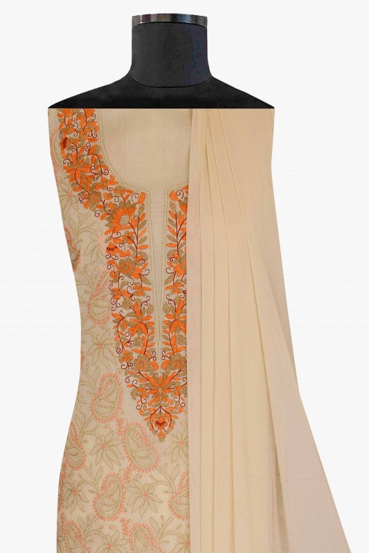 Ada Hand Embroidered Fawn Cotton Lucknowi Chikan Unstitched Suit Piece-A211166