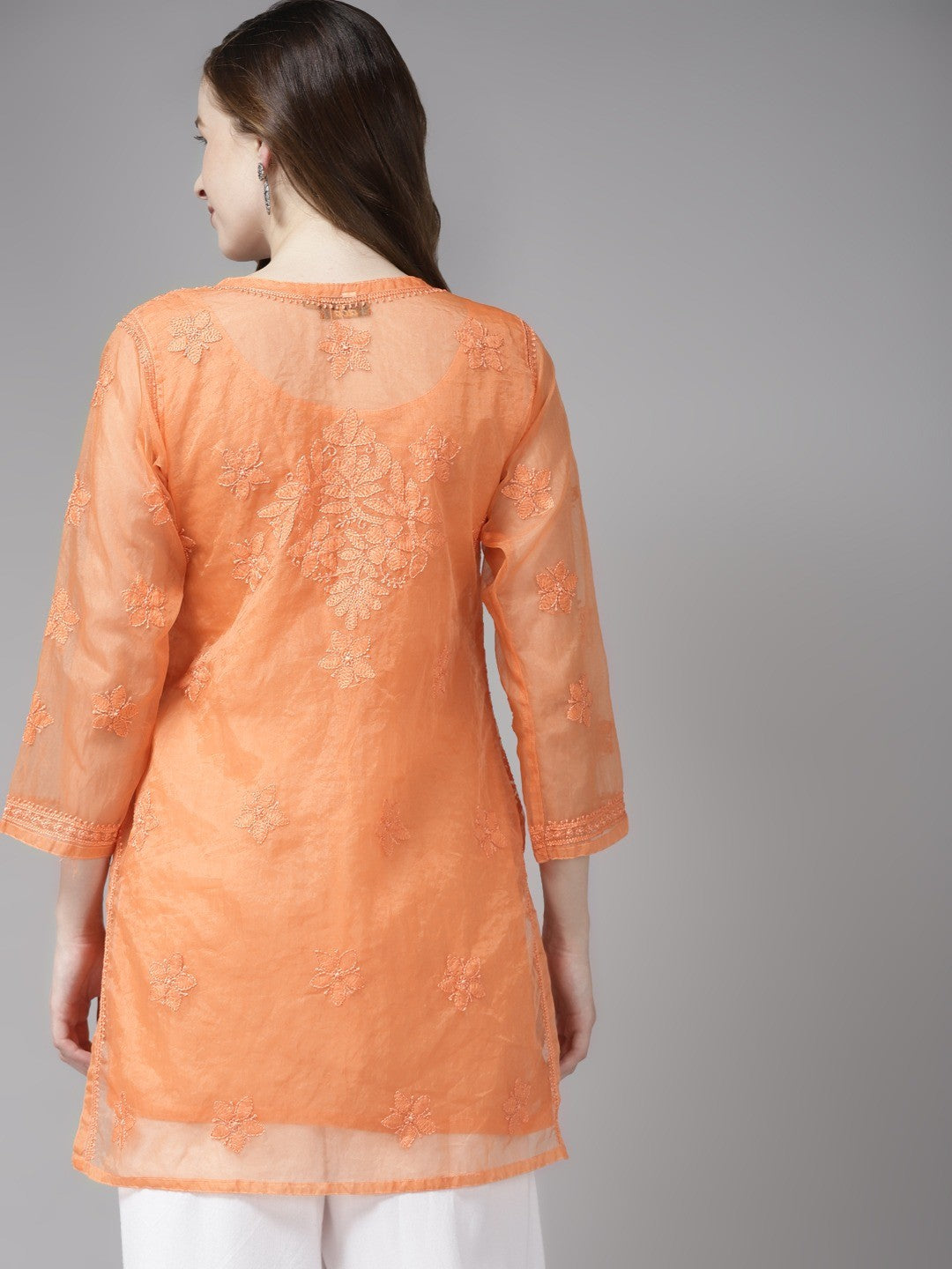 Ada Hand Embroidered Orange Organza Lucknowi Chikankari Kurti With Slip A911163