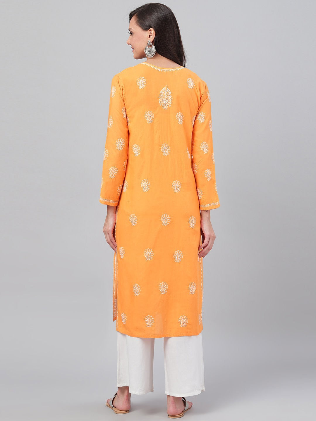 Ada Hand Embroidered Mustard Cotton Lucknowi Chikankari Straight Kurta A100472