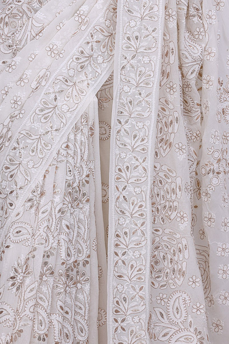 Ada Hand Embroidered White Pure Georgette Lucknowi Chikankari Saree /Blouse With Gota Patti Work A610159