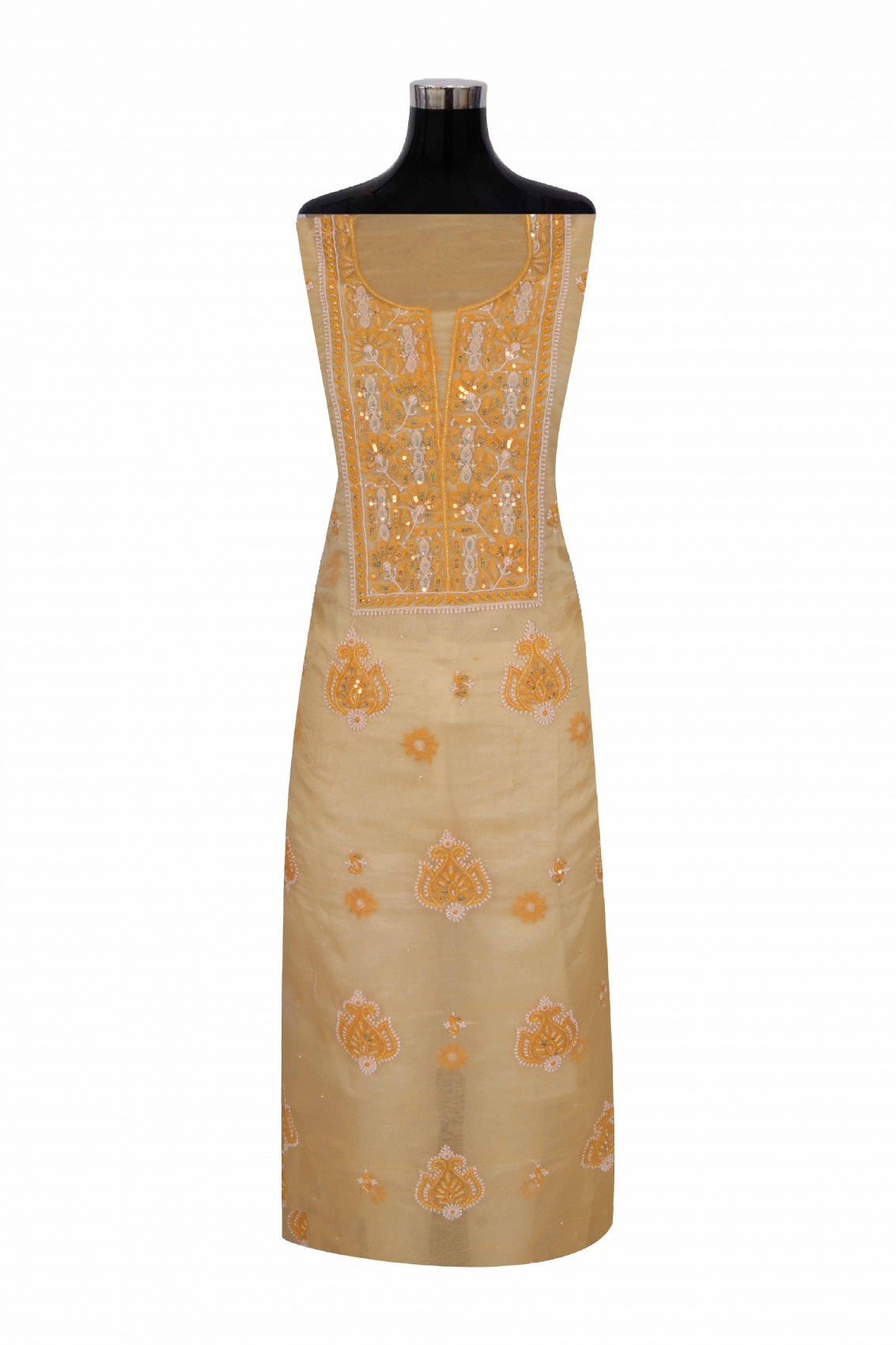 Ada Hand Embroidered Tangerine Orange Organza Lucknowi Chikankari Unstitched Kurta Dupatta Set With Sequinned Work 01A133669