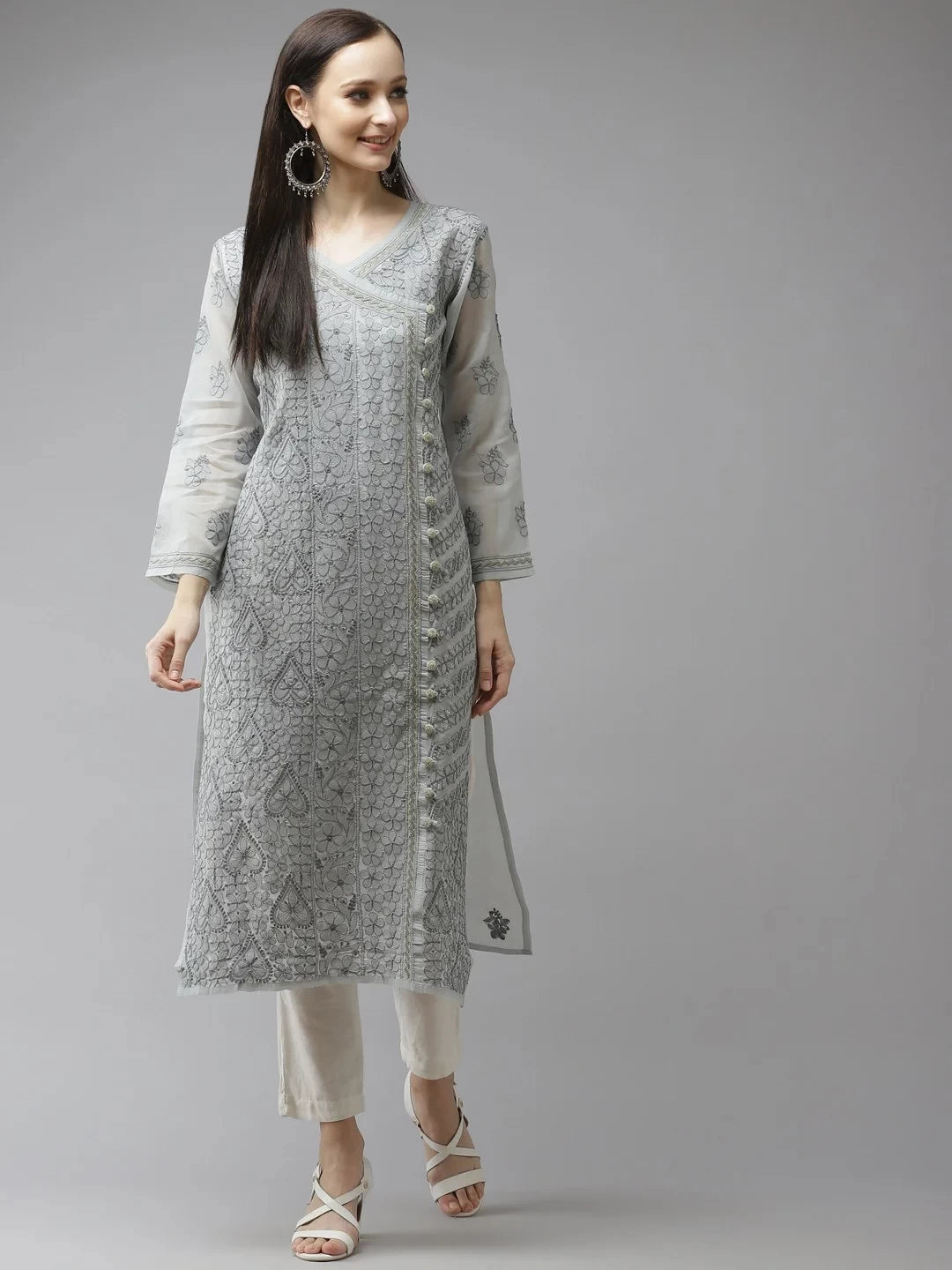 Ada Hand Embroidered Grey Cotton Lucknowi Chikankari Straight Kurta A411318