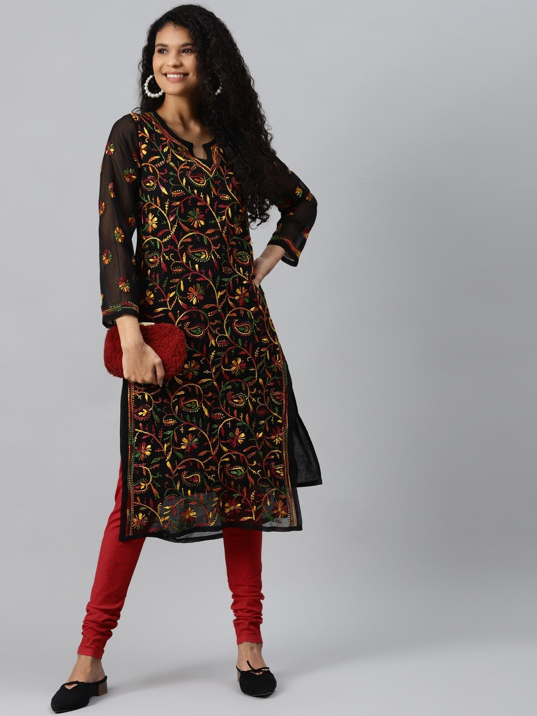 Ada Hand Embroidered Black Georgette Lucknowi Chikankari Straight Kurta Set With Slip A811195
