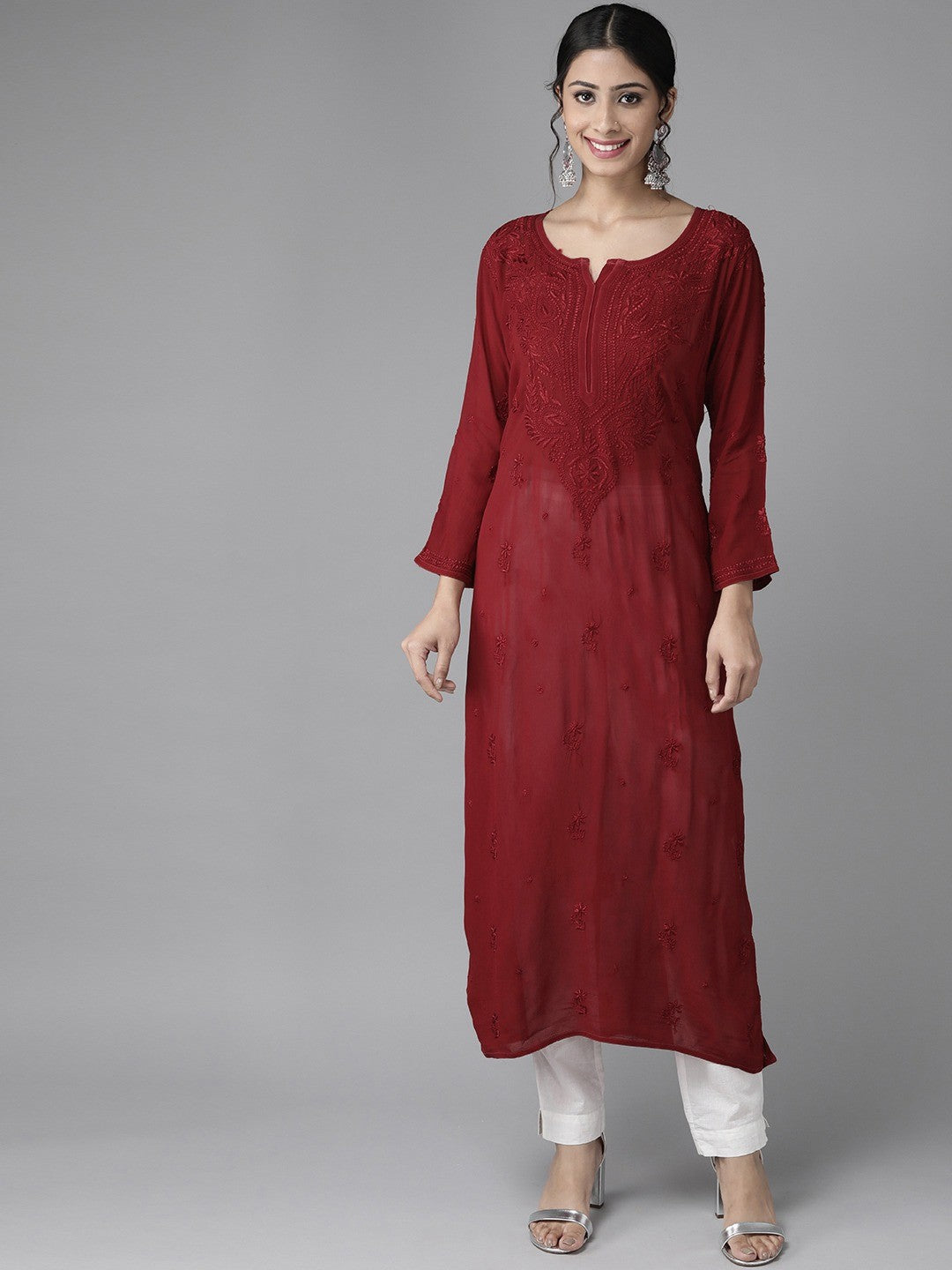 Ada Hand Embroidered Maroon Georgette Lucknowi Chikan Kurta A411183