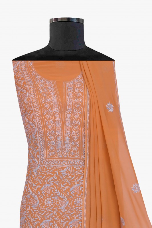 Ada Hand Embroidered Rust Pure Georgette Lucknowi Chikan Unstitched Kurta Dupatta A557083