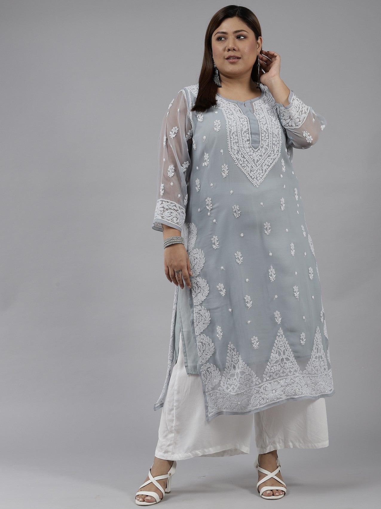 Ada Hand Embroidered Grey Georgette Lucknowi Chikankari Straight Kurta With Slip A411196