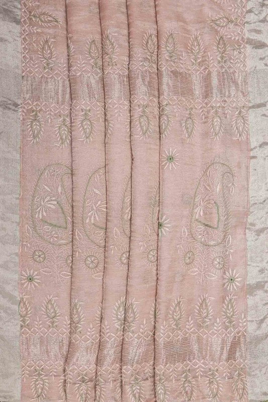 Ada Hand Embroidered Powder Pink Tusser Silk Lucknow Chikan Saree With Blouse-A615156
