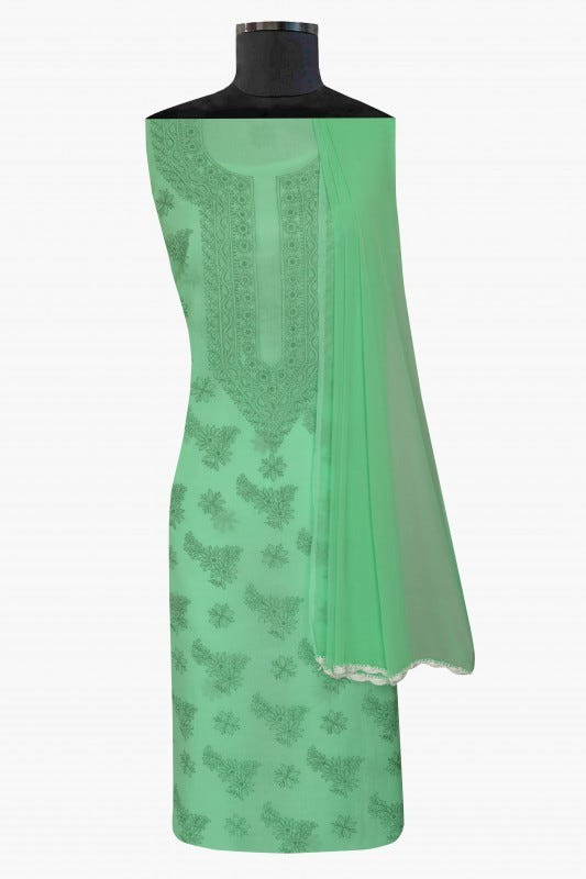 Ada Hand Embroidered Sea Green Cotton Lucknowi Chikan Unstitched Suit Piece-A211141