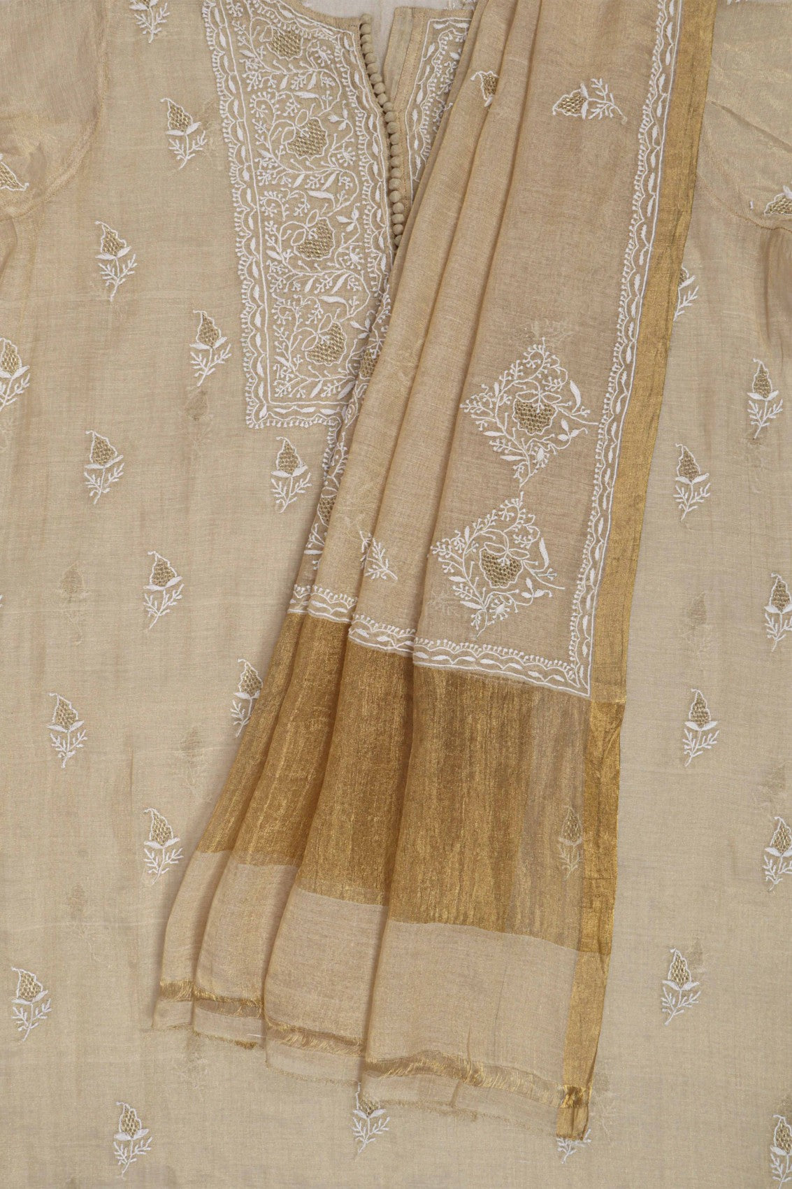 Ada Hand Embroidered Natural Fawn Tissue Lucknowi Chikankari Semi stitched Anarkali Kurta Dupatta Set With Zari Work 01A224436