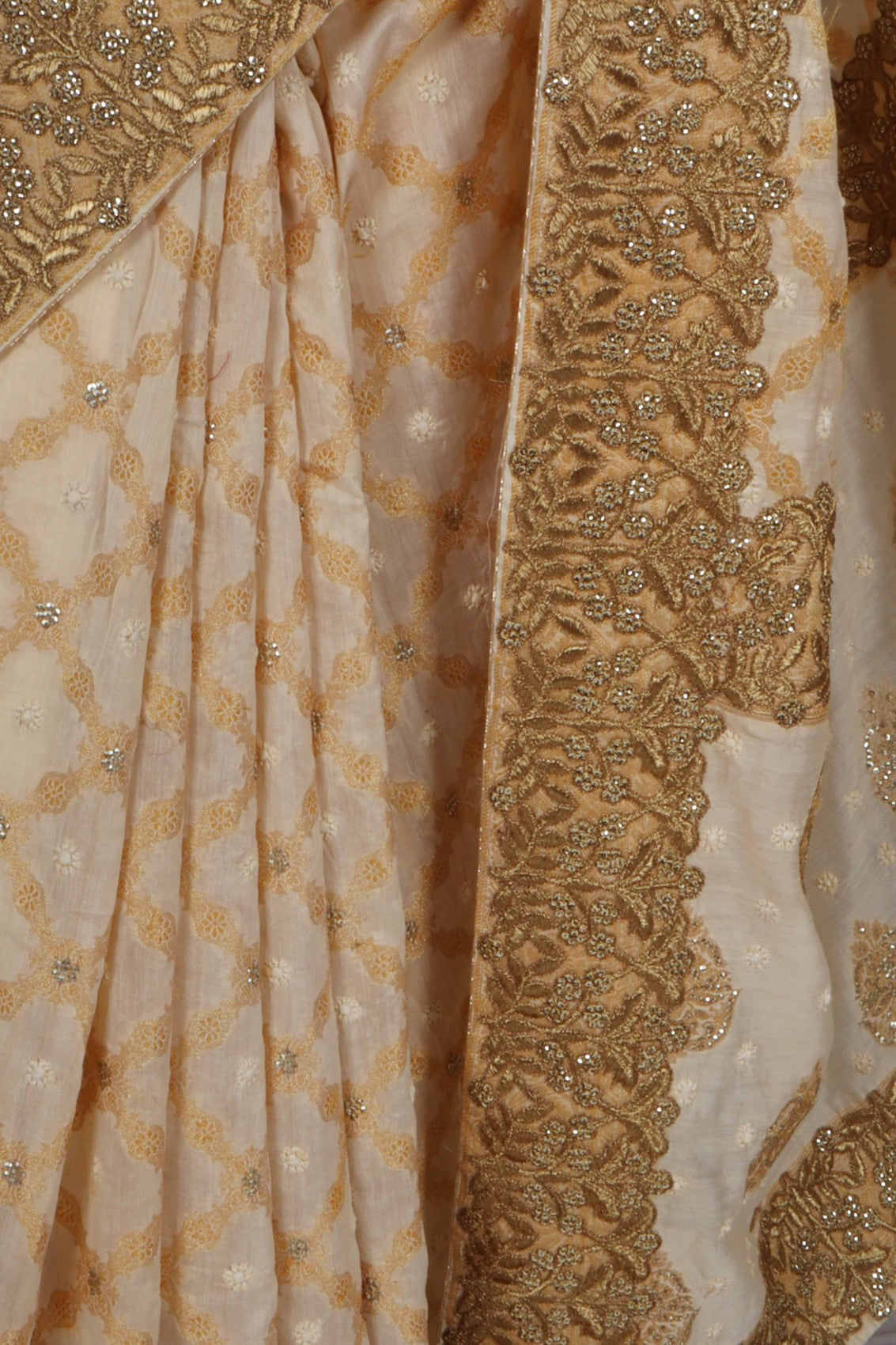 Ada Hand Embroidered Fawn Chanderi Lucknowi Chikankari Saree With Blouse With Zari Work A302299
