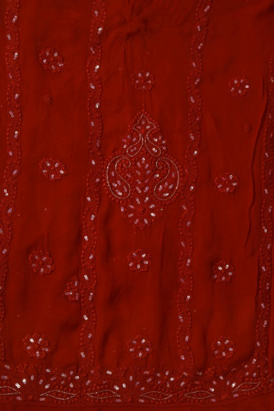 Ada Hand Embroidered Red Georgette Lucknowi Chikankari Unstitched Kurta Dupatta Set With Sequinned Work A508602
