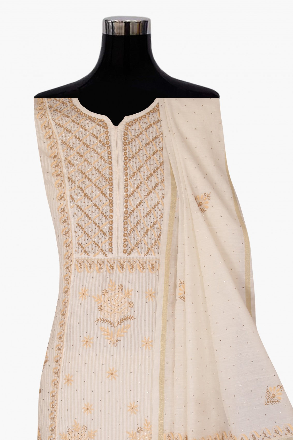 Ada Hand Embroidered White Chanderi Lucknowi Chikankari Semi-stitched Kurta Dupatta Set With Muqaish Work 01A136886