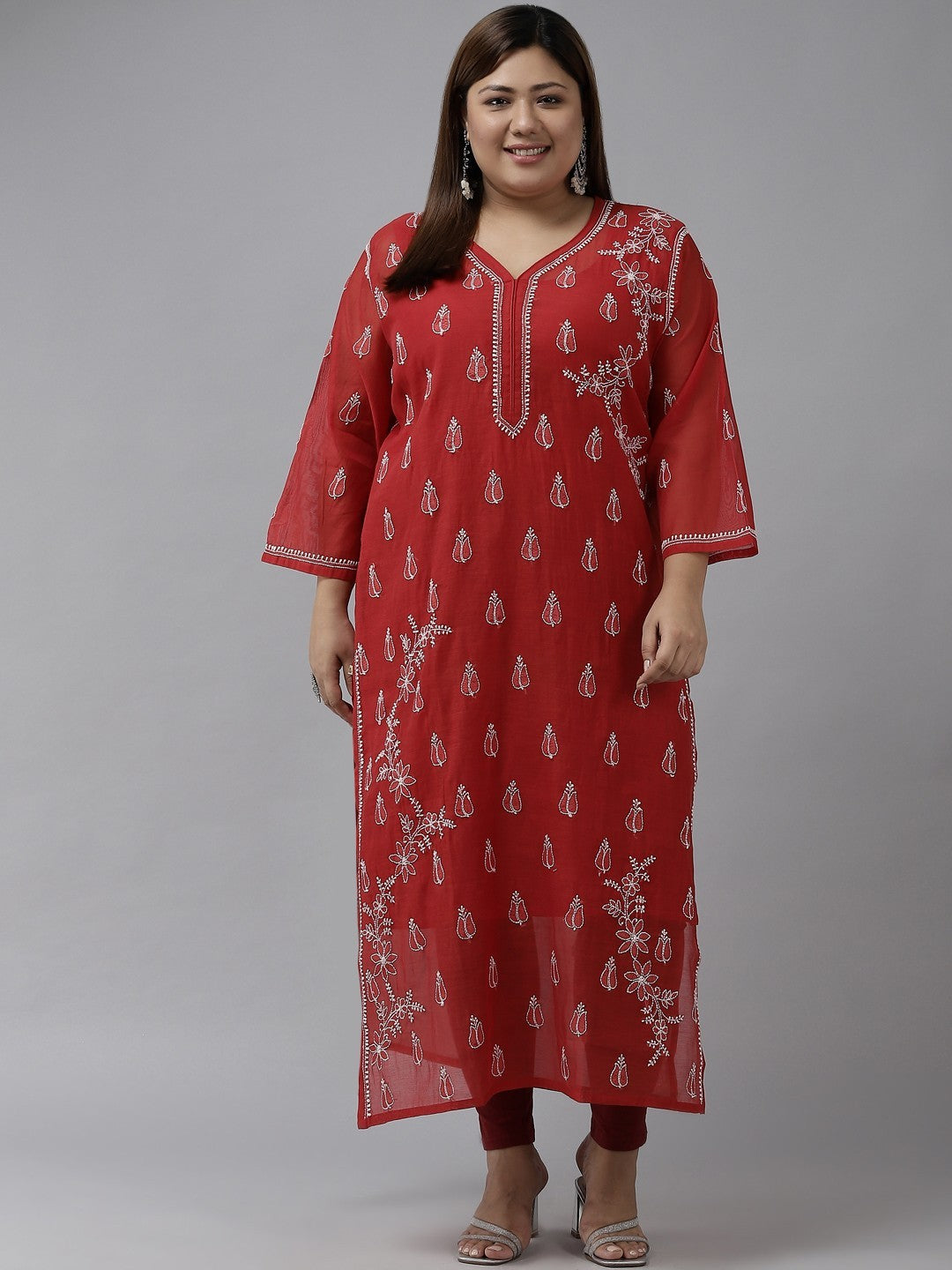 Ada Hand Embroidered Maroon Chanderi Lucknow ChikanKari Straight Kurta A411374