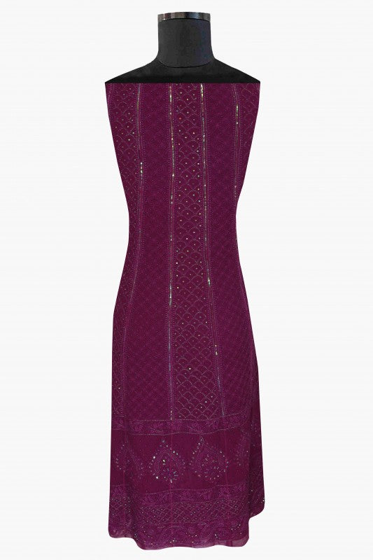 Ada Hand Embroidered Plum Purple Georgette Chikan Semi-stitched Anarkali Kurta Dupatta with Pearl/Sequinned Work A594305