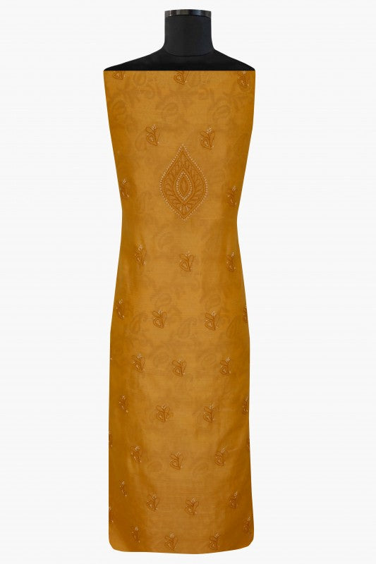 Ada Hand Embroidered Mustard Chanderi Lucknowi Chikan Unstitched Kurta Dupatta Set - A609611