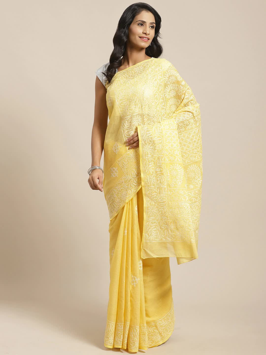 Ada Hand Embroidered Yellow Kota Lucknow Chikan Saree With Blouse- A311114