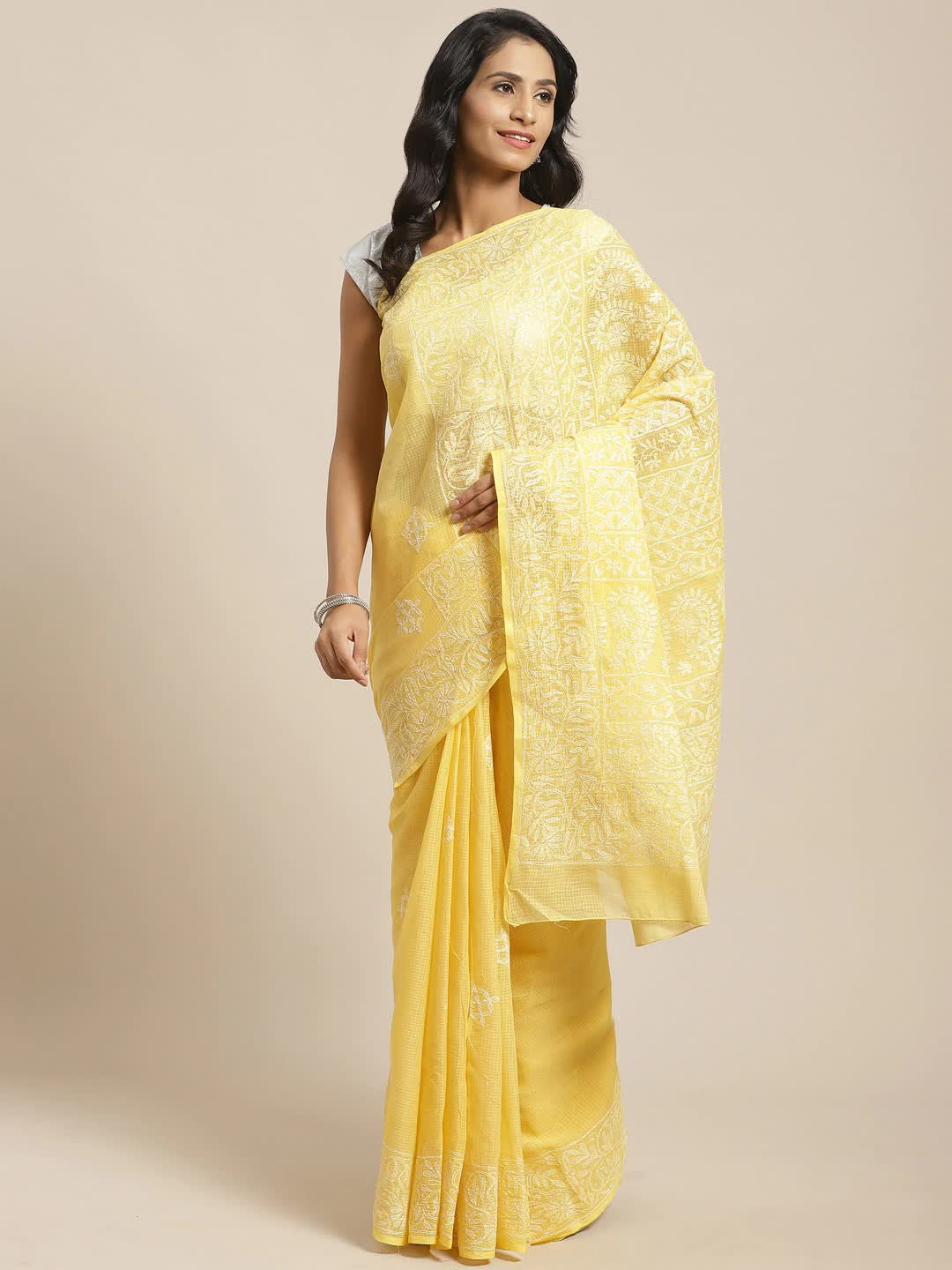 Ada Hand Embroidered Yellow Kota Lucknow Chikan Saree With Blouse- A311114
