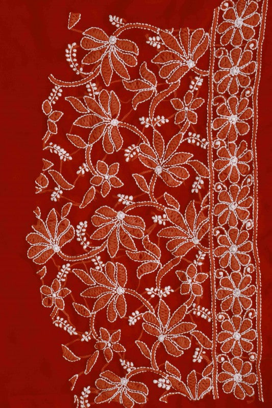 Ada Hand Embroidered Red Georgette Lucknowi Chikankari Saree with Blouse A611557