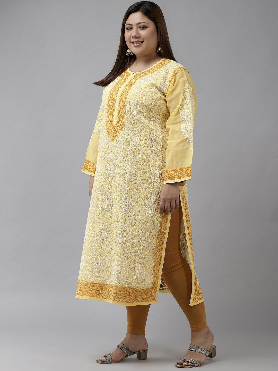 Ada Hand Embroidered Yellow Cotton Lucknowi Chikankari Straight Kurta A411134