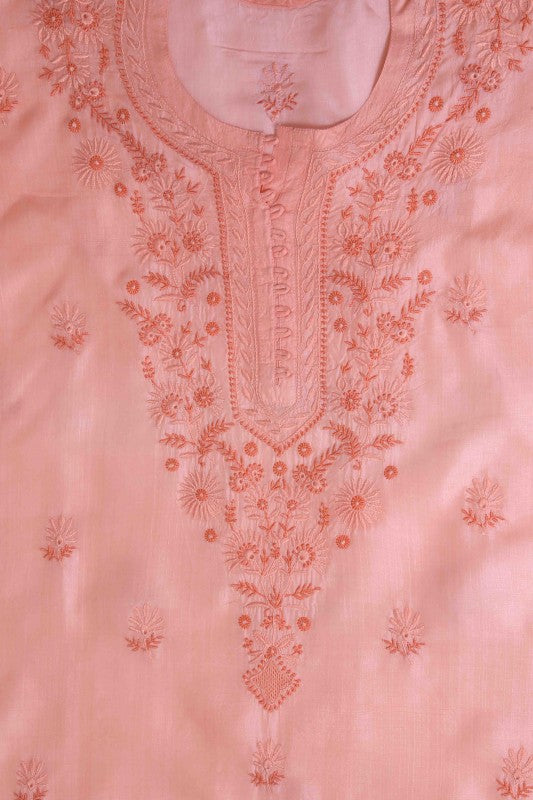 Ada Hand Embroidered Pink Silk Lucknowi Chikan Semi-Stitched Kurta Piece-A619875
