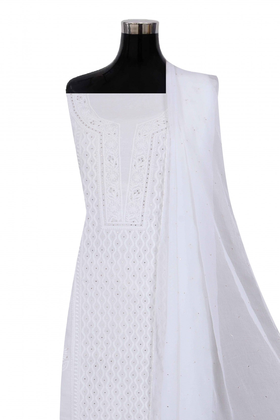 Ada Hand Embroidered White Cotton Lucknowi Chikankari Unstitched Suit Piece With Muqaish Work 01A259997