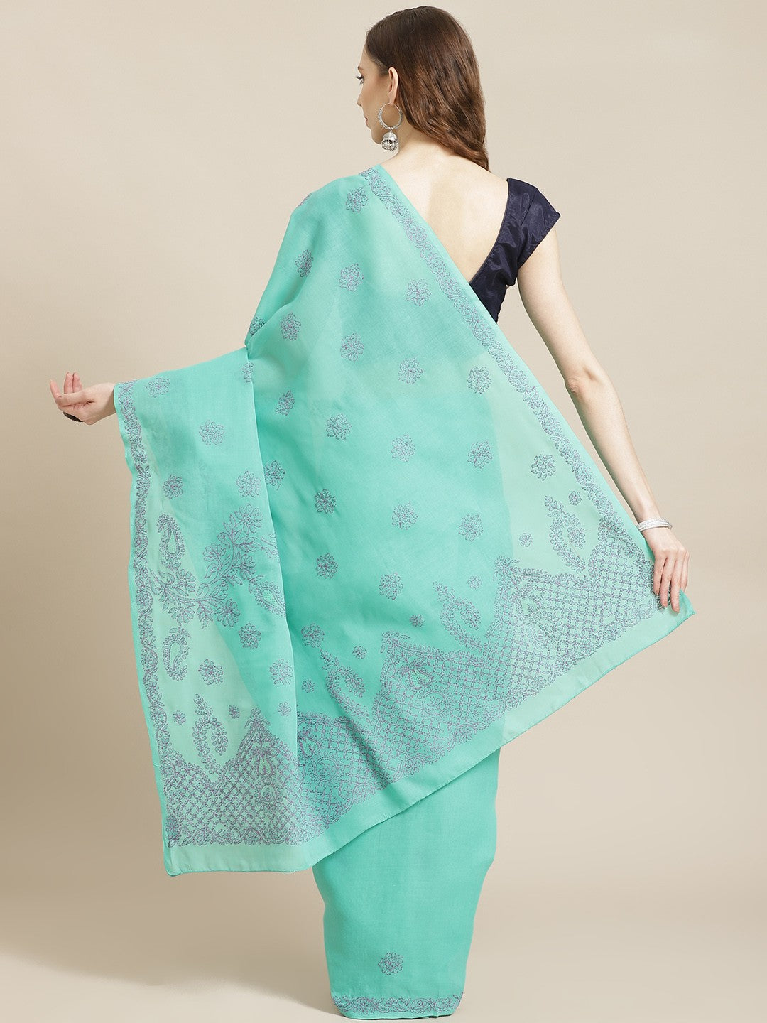 Ada Hand Embroidered Sea Green Cotton Lucknow Chikan Saree With Blouse-A311219