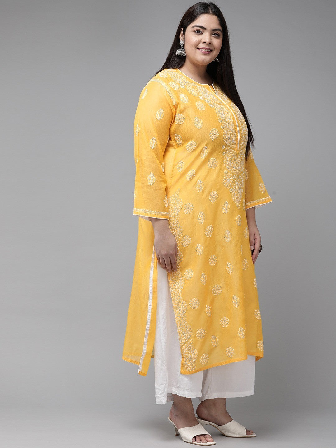 Ada Hand Embroidered Yellow Chanderi Lucknow Chikankari Straight Kurta A411175
