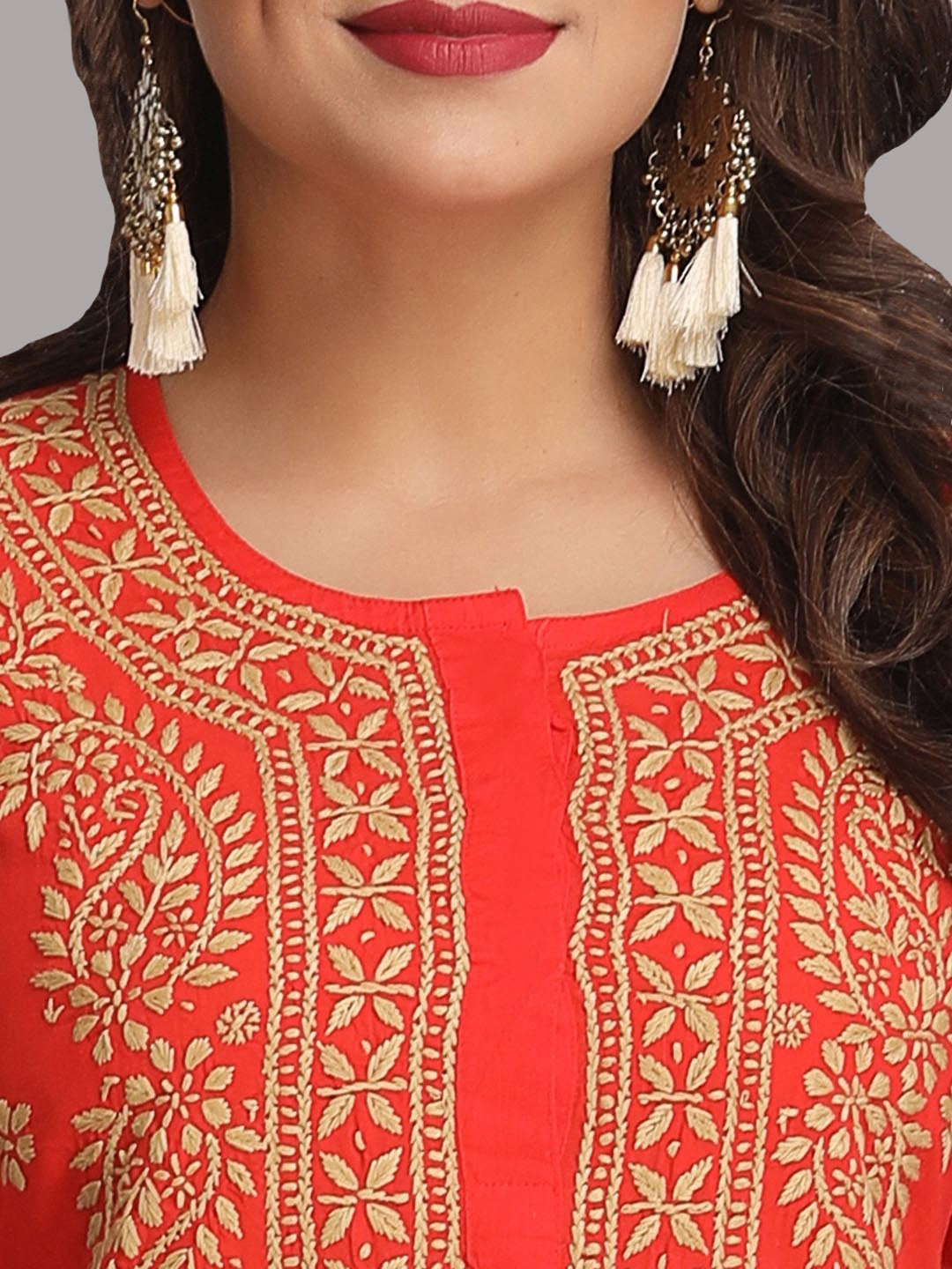 Ada Hand Embroidered Carrot Pink Cotton Lucknowi Chikankari Straight Kurta A188269