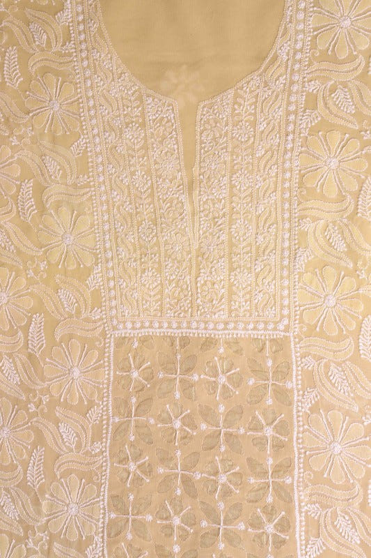 Ada Hand Embroidered Fawn Pure Georgette Lucknowi Chikan Unstitched Kurta Dupatta Set A306716