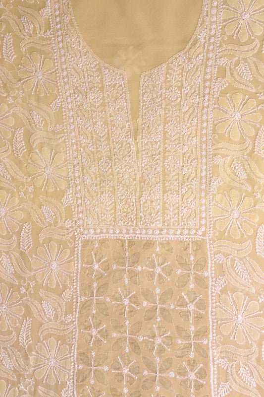 Ada Hand Embroidered Fawn Pure Georgette Lucknowi Chikan Unstitched Kurta Dupatta Set A306716
