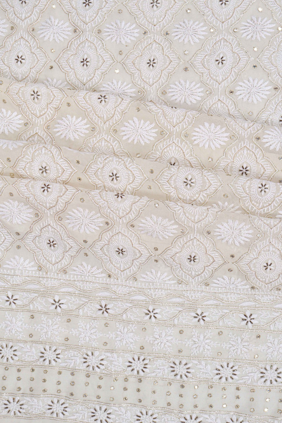 Ada Hand Embroidered White Pure Georgette Lucknowi Chikankari Unstitched Kurta Dupatta Set With Cutdana Work A392440