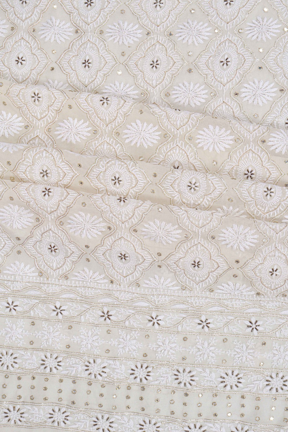 Ada Hand Embroidered White Pure Georgette Lucknowi Chikankari Unstitched Kurta Dupatta Set With Cutdana Work A392440