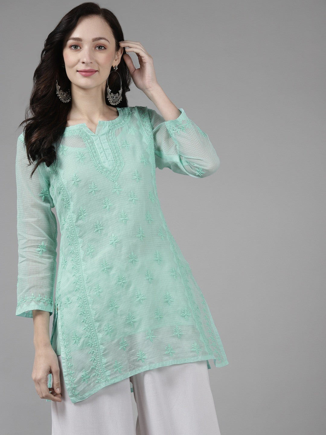 Ada Hand Embroidered Sea Green Kota Lucknow Chikan Kurti With Slip-A911157