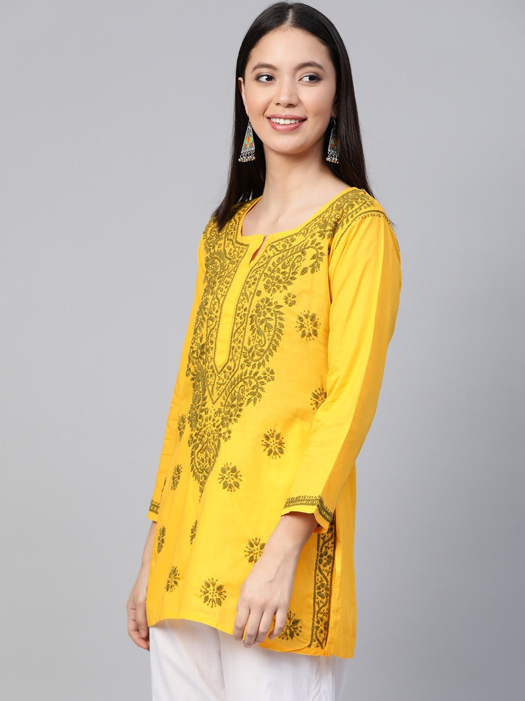 Ada Hand Embroidered Yellow Pure Cambric Cotton Lucknowi Chikan Kurti A250458