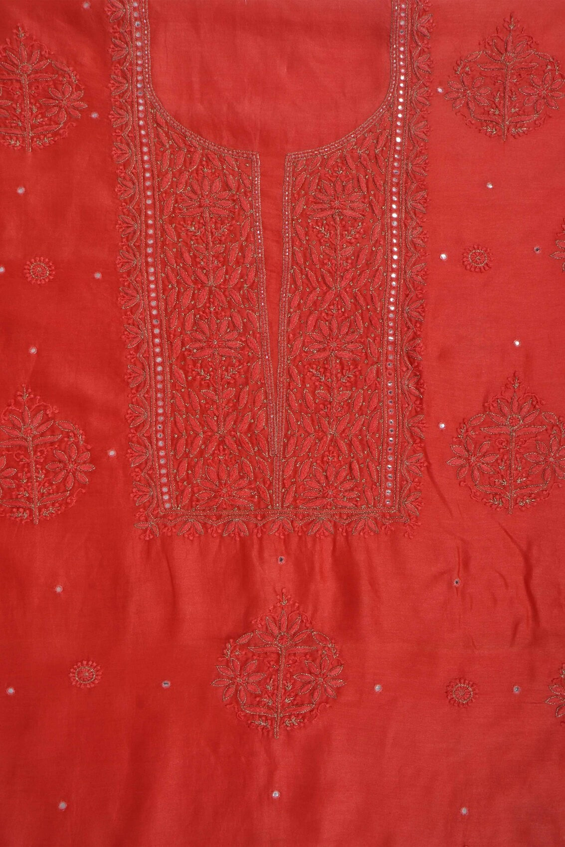 Ada Hand Embroidered Dark Peach Chanderi Lucknowi Chikankari Unstitched Kurta Dupatta Set With Zari Work 01A133827