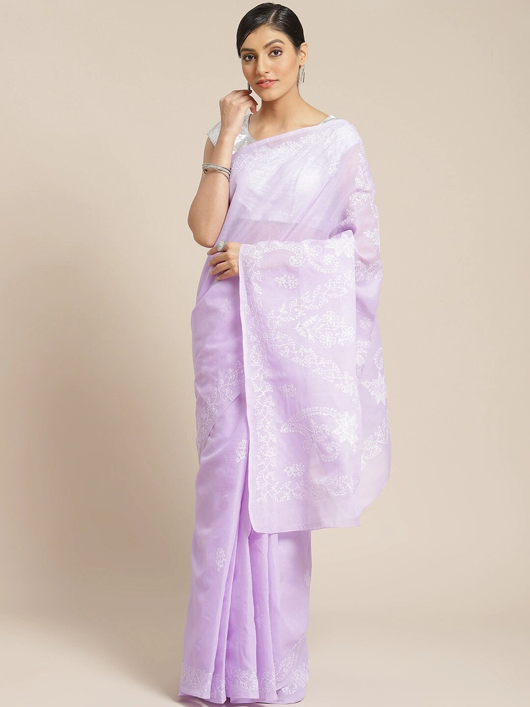 Ada Hand Embroidered Mauve Cotton Lucknow Chikan Saree With Blouse- A311188