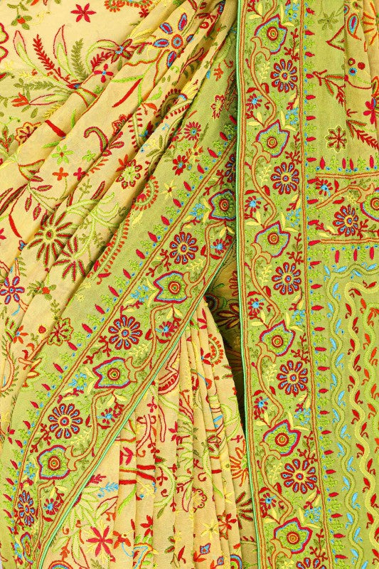 Ada Hand Embroidered Yellow And Green Shaded Pure Georgette Lucknowi Chikankari Saree With Blouse- A149764
