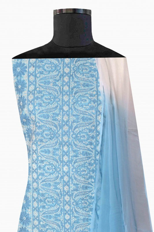 Ada Hand Embroidered Blue Cotton Lucknowi Chikan Unstitched Suit Piece A622466