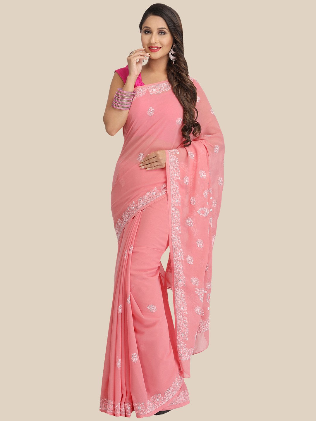 Ada Hand Embroidered Onion Pink Georgette Lucknowi Chikan Saree With Blouse A130235