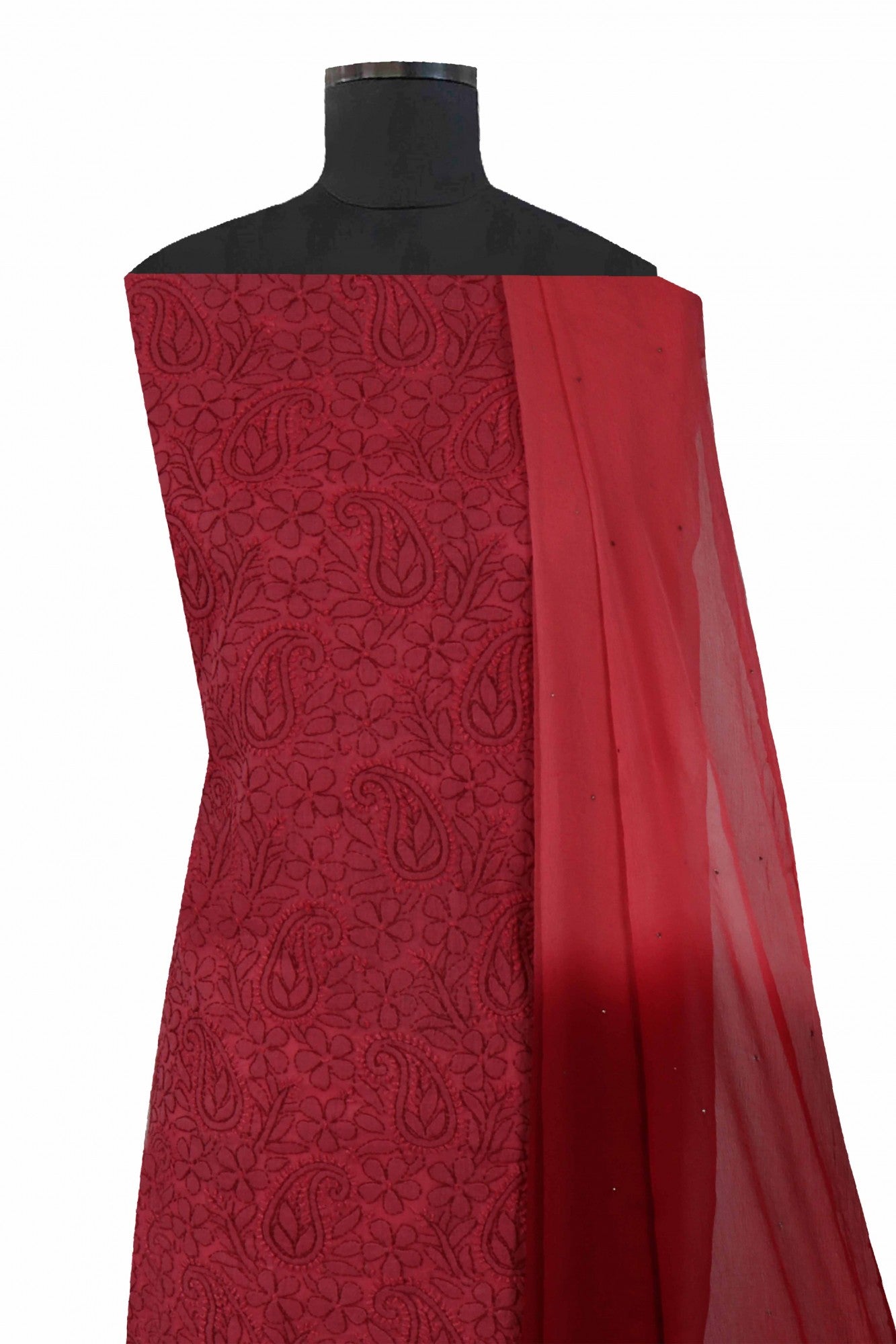 Ada Hand Embroidered Maroon Cotton Lucknowi Chikankari Unstitched Suit Piece 01A177890