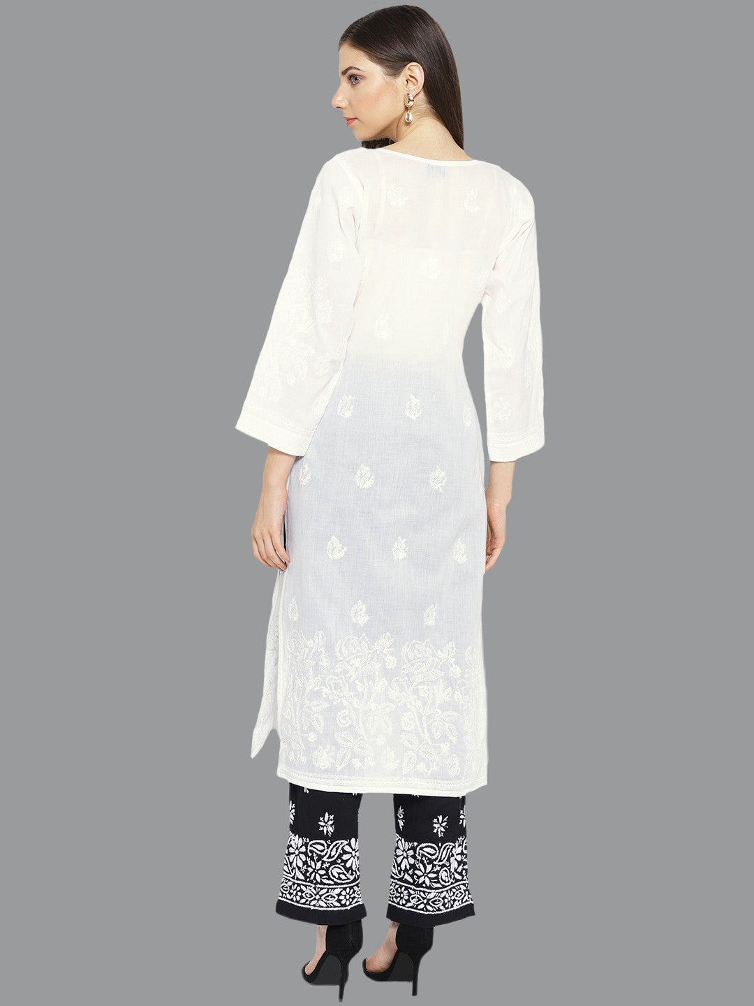 Ada Hand Embroidered White Cotton Lucknowi Chikankari Straight Kurta With Palazzo Set A100015