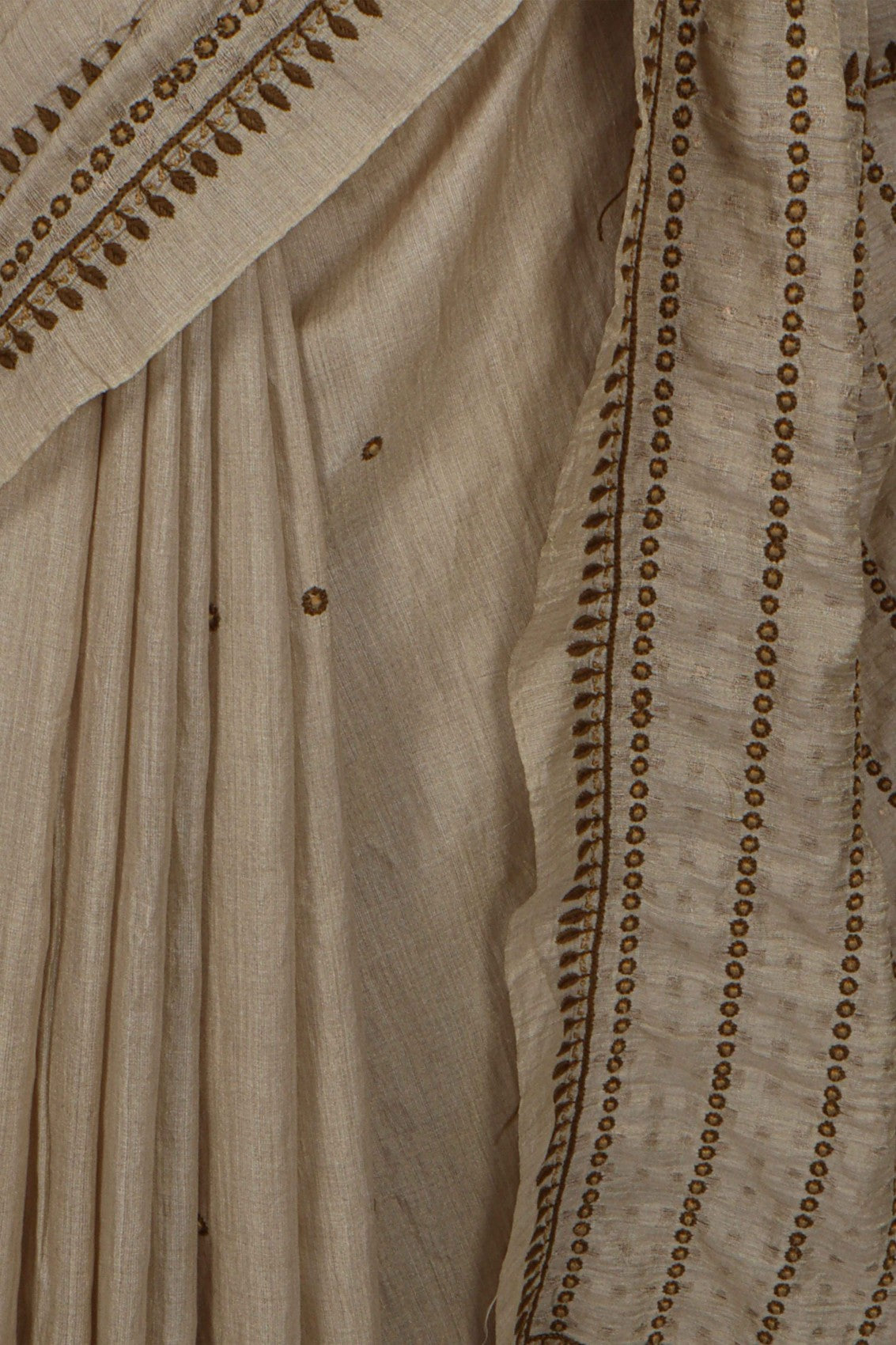 Ada Hand Embroidered Natural Fawn Silk Lucknowi Chikankari Saree With Blouse 01A116402