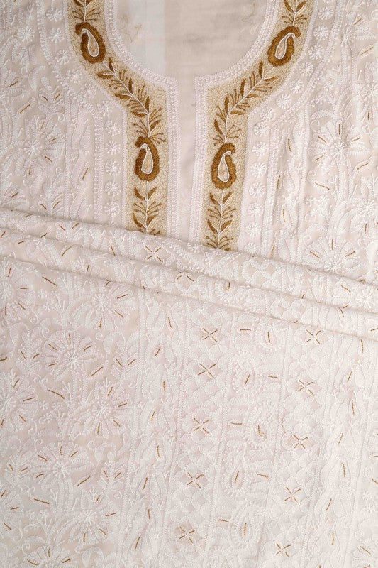 Ada Hand Embroidered White Georgette Lucknowi Chikan Unstitched Kurta Dupatta with Pearl Work A613206