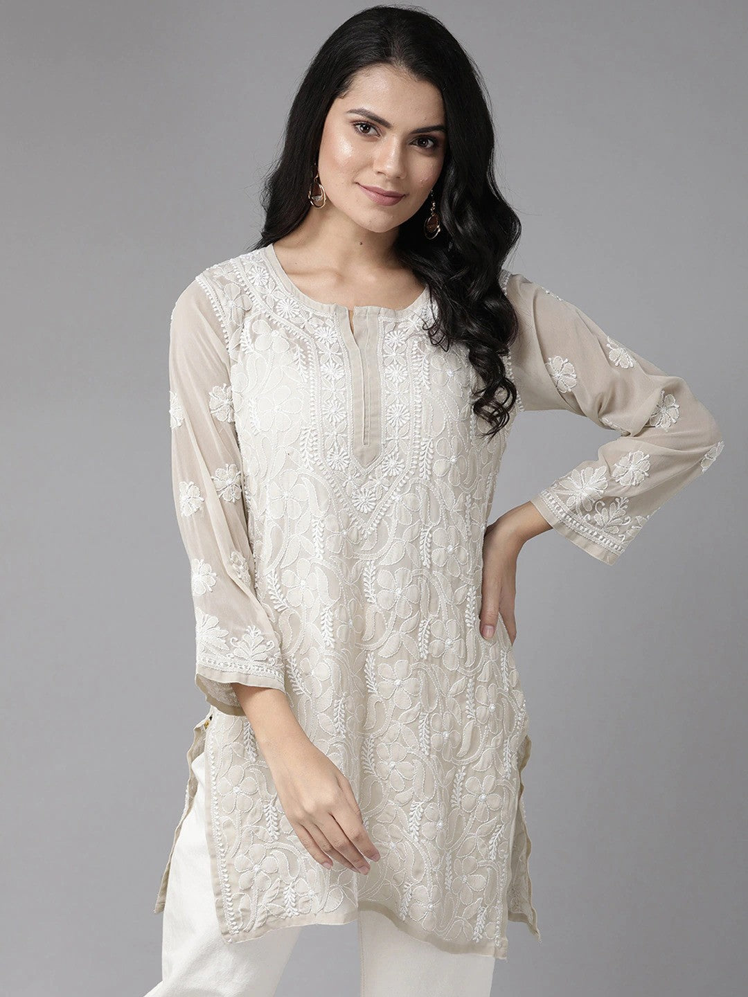 Ada Hand Embroidered Grey Georgette Lucknowi Chikankari Straight Kurti A911124