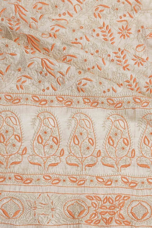 Ada Hand Embroidered Cream Tusser Silk Lucknowi Chikankari Unstitched Kurta Piece A232218