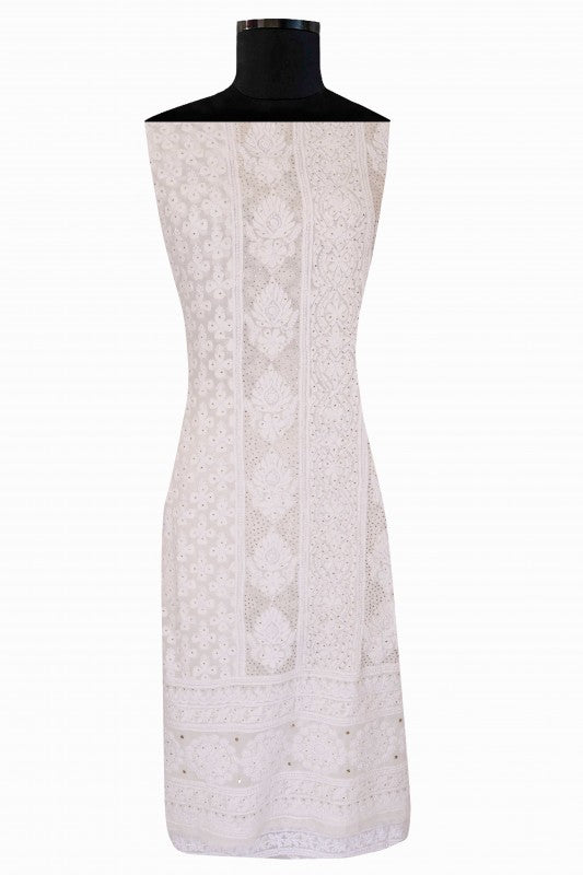 Ada Hand Embroidered White Pure Georgette Lucknowi Chikan Unstitched Kurta Piece With Muqaish Work A526844