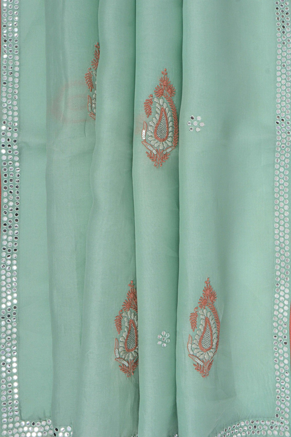 Ada Hand Embroidered Tea Green Organza Lucknowi Chikankari Saree/Blouse With Mirror Work A600720