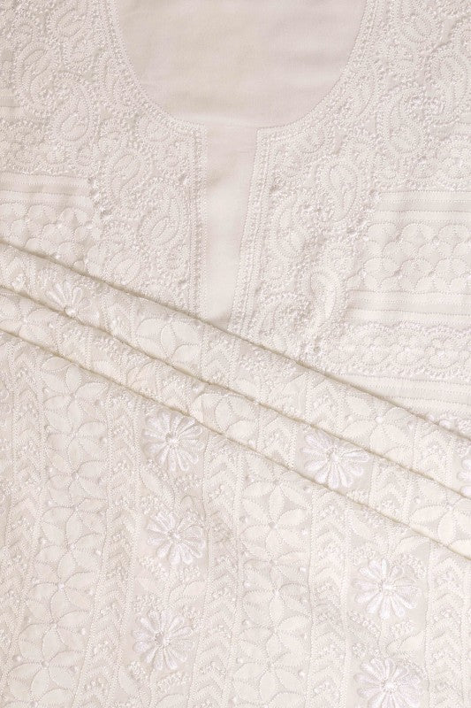 Ada Hand Embroidered White Pure Georgette Lucknowi Chikan Unstitched Kurta Dupatta Set - A590589