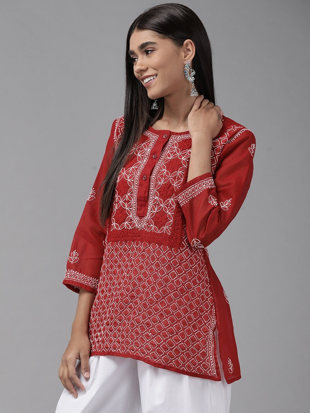 Ada Hand Embroidered Red Cotton Lucknowi Chikankari Straight Kurti A911248