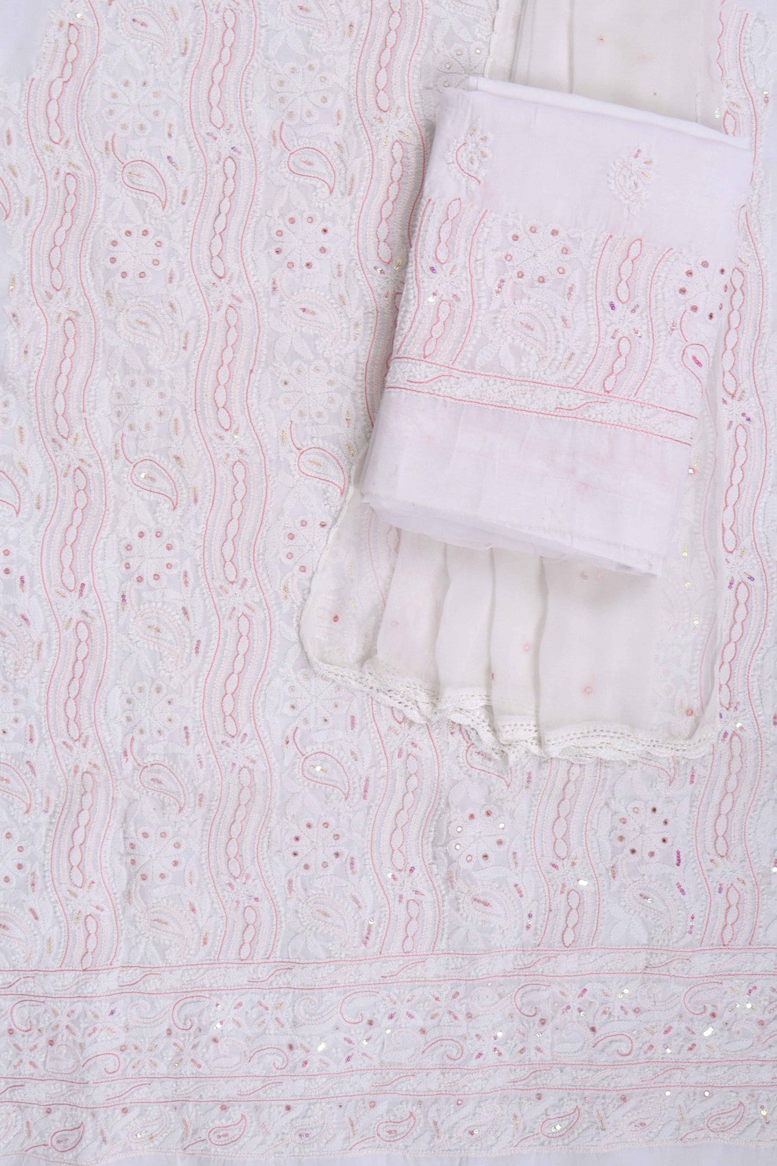 Ada Hand Embroidered White Cotton Lucknowi Chikankari Unstitched Suit Piece With Sequinned Work A100974